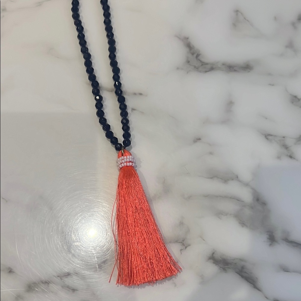 Elegant stone navy Black and Coral Tassel Necklace